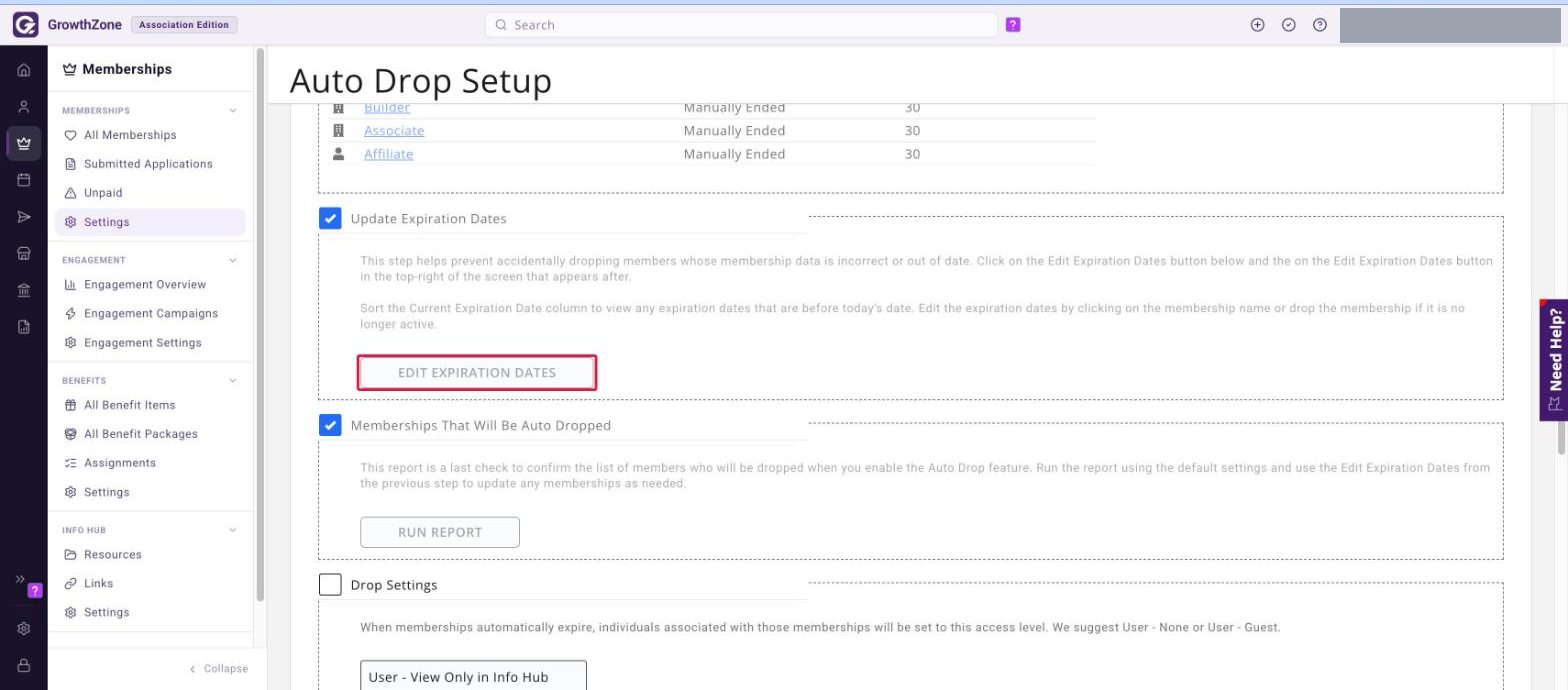 Update Expiration Dates section of the Auto Drop Setup page with the EDIT EXPIRATION DATES button boxed in red