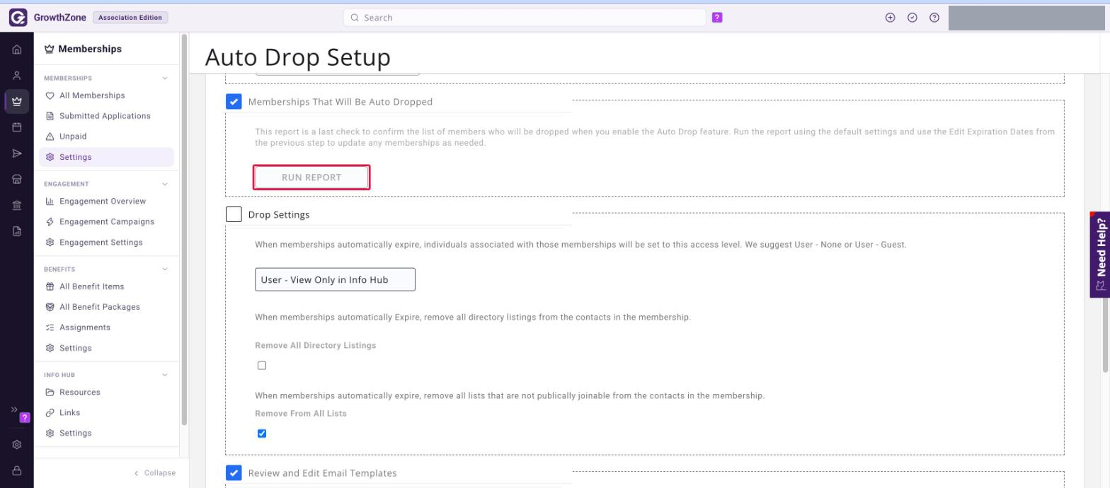 Memberships That Will Be Auto Dropped section of the Auto Drop Setup page with the RUN REPORT button boxed in red