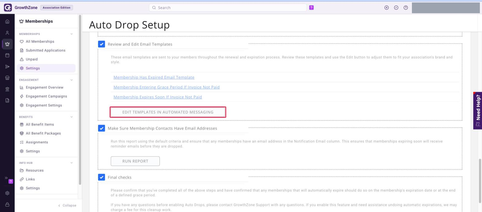 Review and Edit Email Templates section listing the three automated emails, with the EDIT TEMPLATES IN AUTOMATED MESSAGING button boxed in red