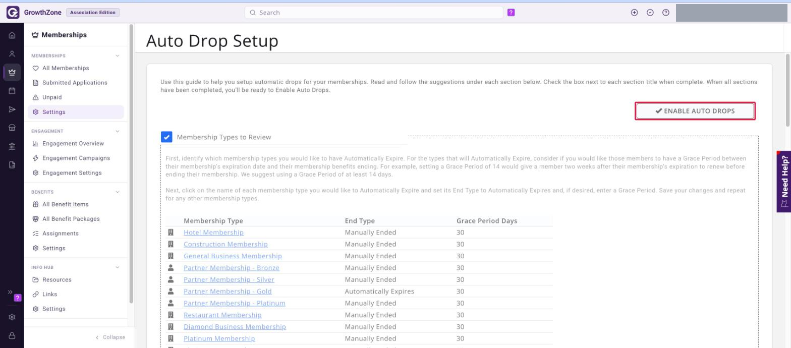 Top of the Auto Drop Setup page with the ENABLE AUTO DROPS button boxed in red