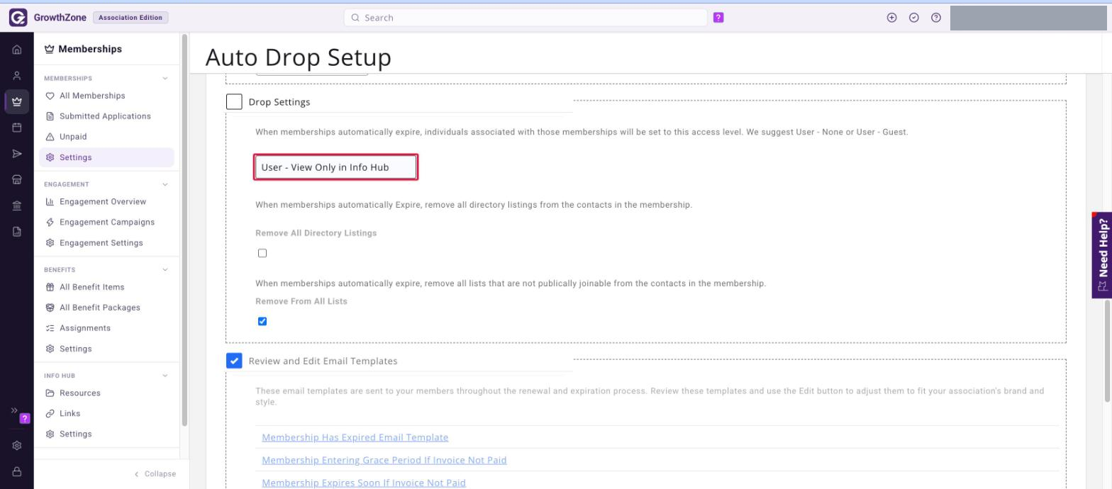 Drop Settings section with the Info Hub access level list boxed in red, above the Remove All Directory Listings and Remove From All Lists check boxes