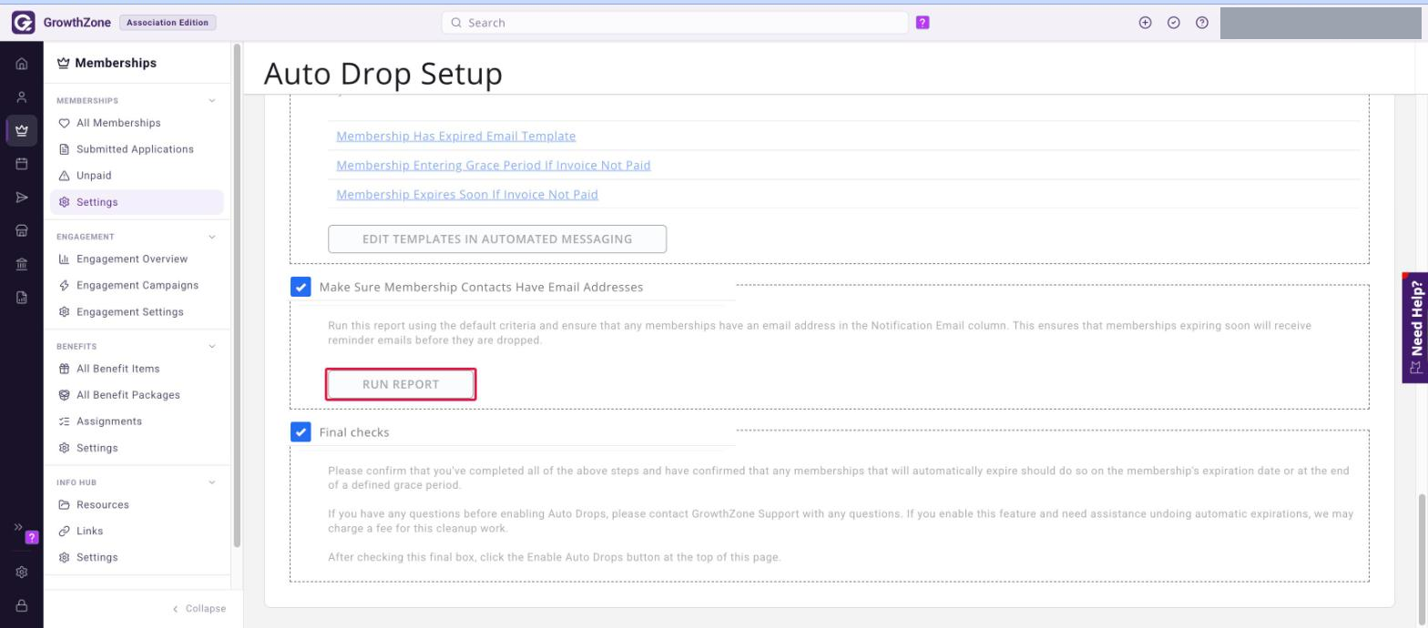 Make Sure Membership Contacts Have Email Addresses section with the RUN REPORT button boxed in red