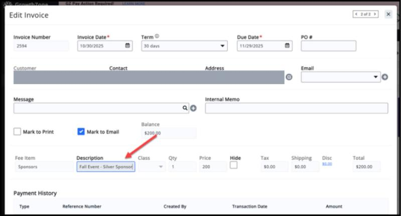 Edit Invoice window with a red arrow pointing at the Description line item reading Fall Event - Silver Sponsor