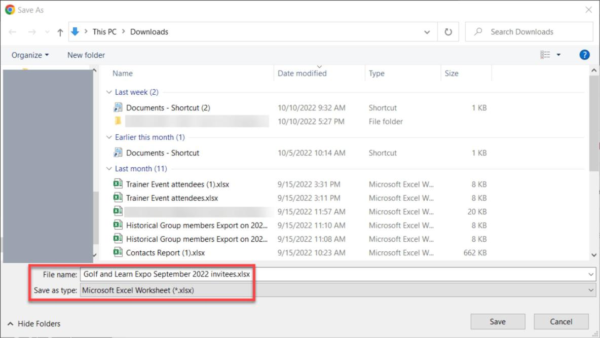 Windows Save As dialog with the File name and Save as type boxed in red, saving the invitees spreadsheet as an Excel worksheet